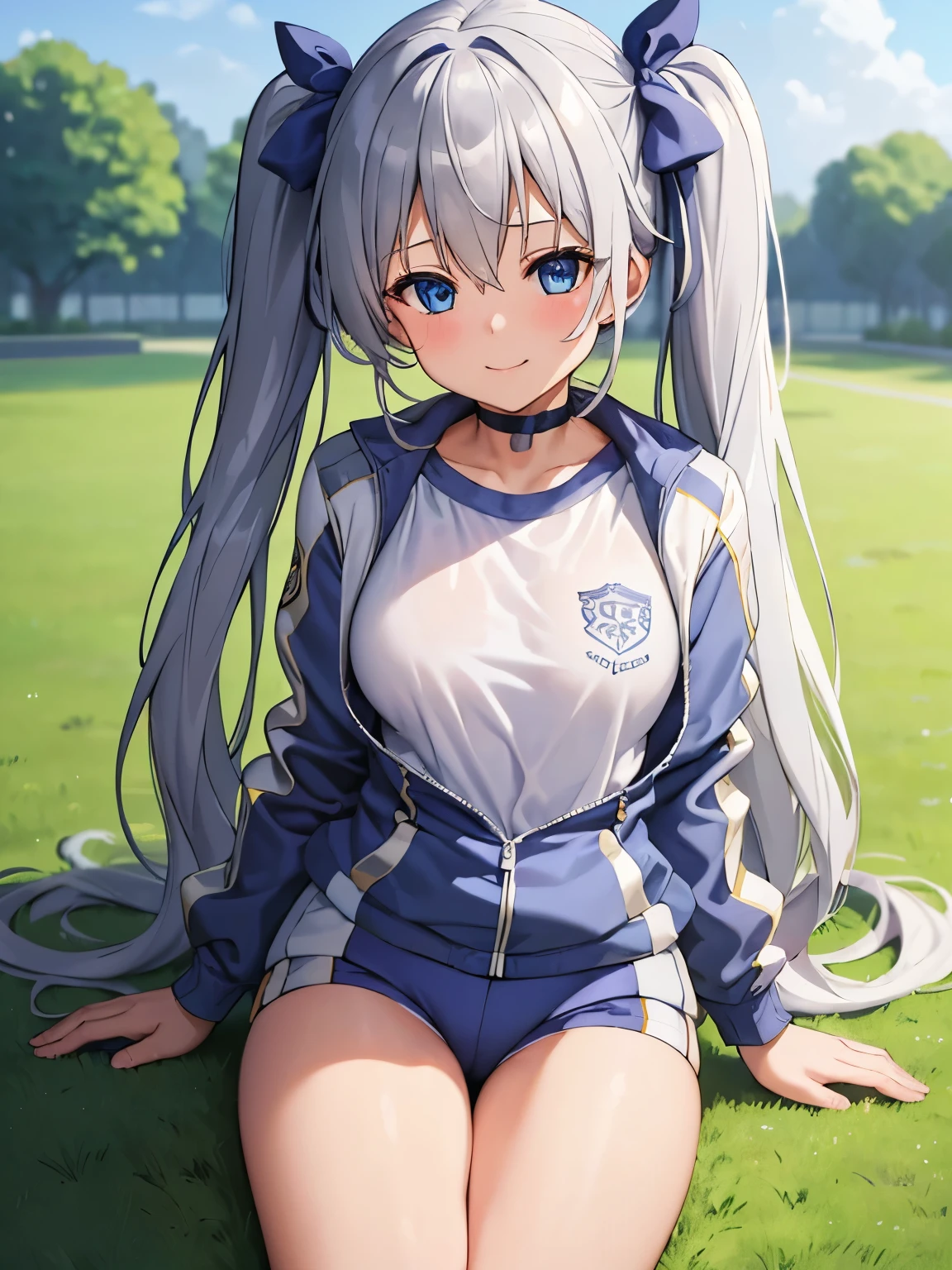 (8k、Best Quality、Best Quality、masterpiece)、Detailed face、One Girl、 、

Silver Hair、 blue eyes 、ribbon、 twin tails、Small breasts、

1girl, celia claire,

gym outfit, blue jacket,white shirt,shorts,
Thighs、

smile、

lawn、