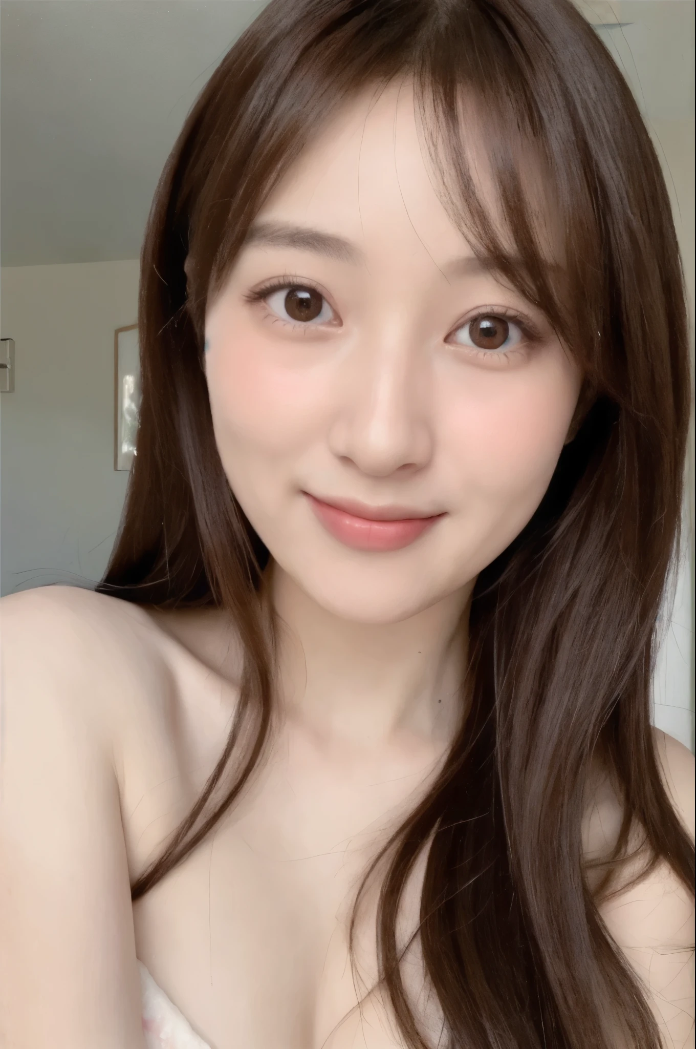 1girl, star eye, blush, perfect illumination, red hair, red eyes, unreal engine, sidelighting, detailed face, bangs, bright skin, simple background, dark background, （（（Realistic photos，Completely naked , D cup breasts，slim figure，long legs，Peach Blossom Eyes，Smiling Peach Blossom，Chinese）））