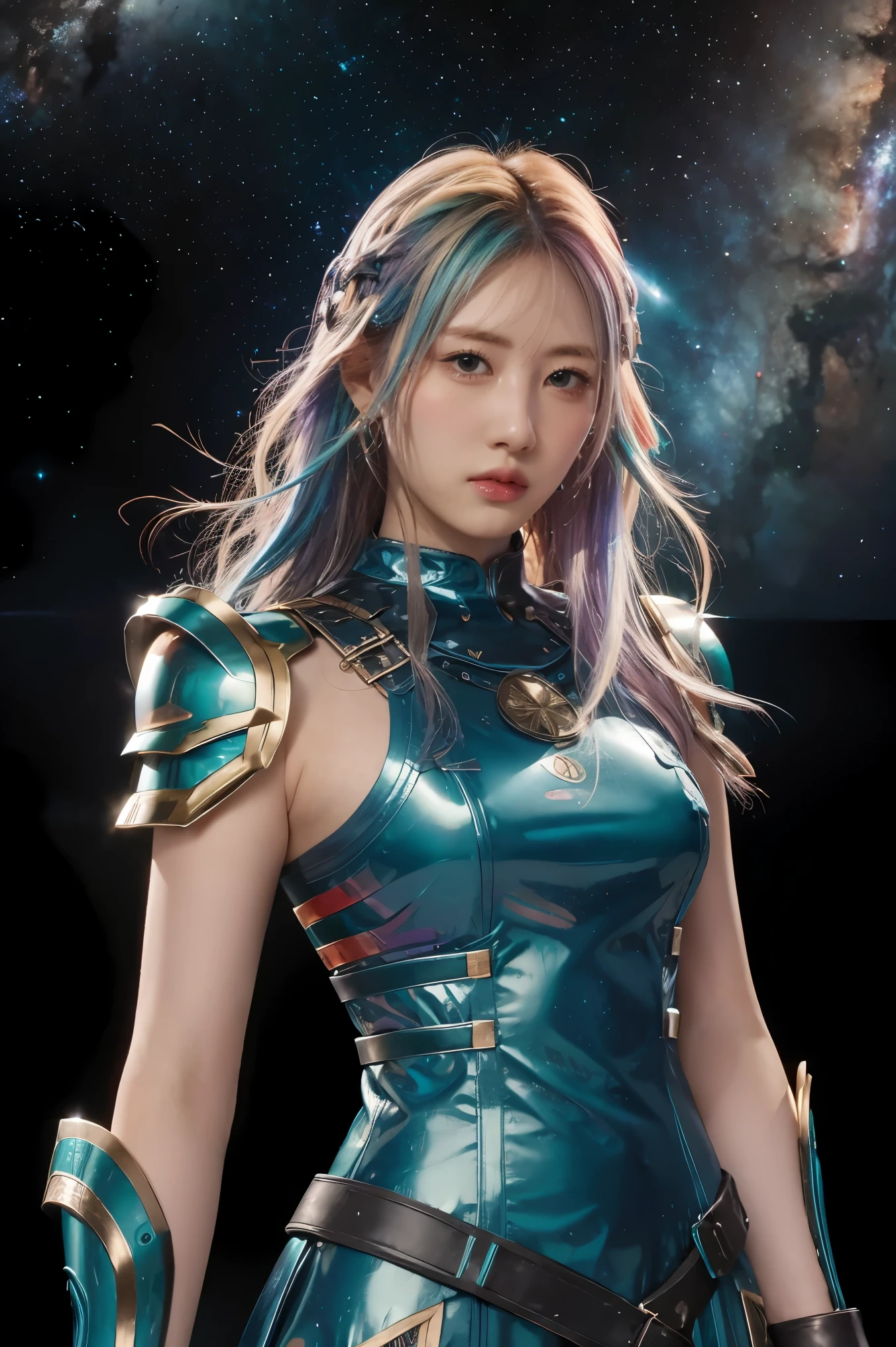 women with rainbow colored hair and detailed teal dress armor, standing, rainbow colored cosmic nebula background, stars, galaxies, intricate details, perfect face