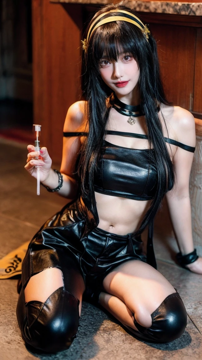 (masterpiece), best quality, HD, 4K, perfect face, black hair, cum, socks, drunken eyes, hetero, torned leather Jacket, hairband, black long hime hair, short cut, arrogant face, collarbone, muscular, knee, ABS collarbone, shoes, sweaty,  unworn pants, tight, sticky body, hot, sweats, slum background, yellow glowing eyes, tags necklace, piercings, tally, claws finger, bracelets, jewellery, navel piercings, legs tattoos, jewels, anklet, buds, lips, drugged, addict junkies, chains, abused, smiles, happy, scars on skin, training, pills syringe on floor, sick, lips piercings, goth, eyelashes, legs, mindbreak, smile, workout, breasts, nipples, workout, pubic hairs, yor nsfw, holding jereed