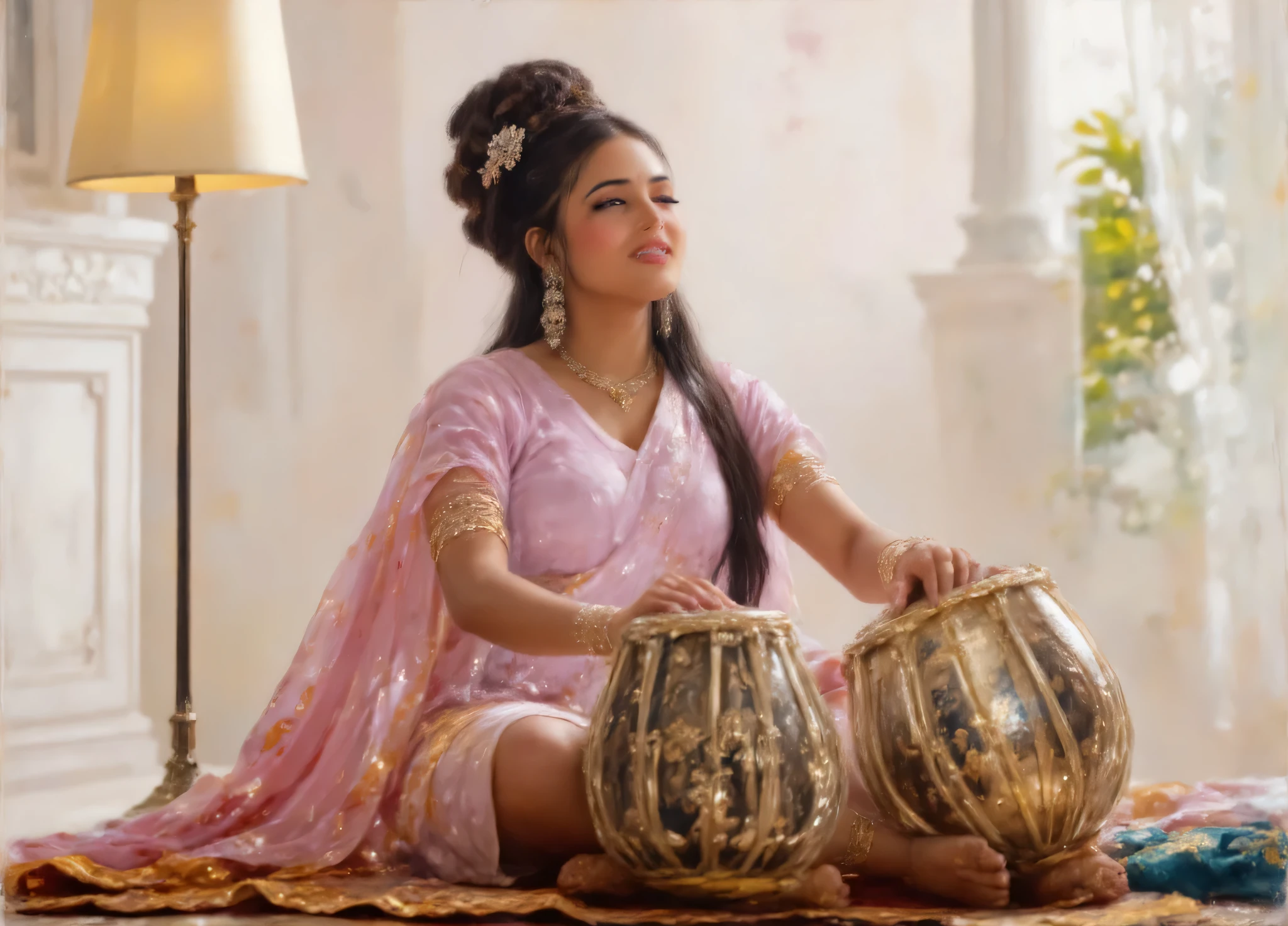 Create an oil painting in the Renaissance style, inspired by the works of William Adolphe Bouguereau. The focus is a beautiful dark skinned Indian women with huge hair bun intricate hairstyle sitting on carpet. She is playing a tabla an Indian instrument, exuding calmness and grace. His traditional crimson red saree with golden boeder, tied loosely giving drape aesthetics, adds an authentic touch, wearing golden ornaments in arms, waist, neck, feets etc. The background should feature a dreamlike atmosphere with lush greenery and traditional Indian architecture blending into the scene, enhancing the mood of tranquility. Use brushstrokes that mimic the detailed, refined technique of Bouguereau. Infuse the aesthetic elements of a Sanjay Leela Bhansali movie, with rich, ornate colors and a cinematic flair, giving the entire composition a larger-than-life, luxurious quality.