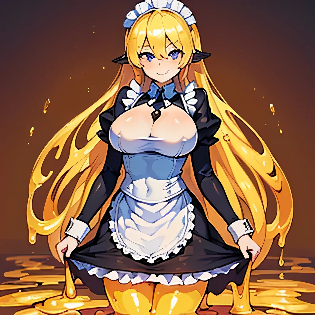 ((masterpiece,best quality,ultra-delicate,Perfect Face,detailed eyes,16k,high resolution,very beautiful girl)),((golden slime body ,melting body,melting legs:1.5,)),sharpnes,clear,The Art of Phenomenal Depictions,golden long hair,(1 girl),large breasts,(Maid costume,smile:1.4),cowboy shot,,standing