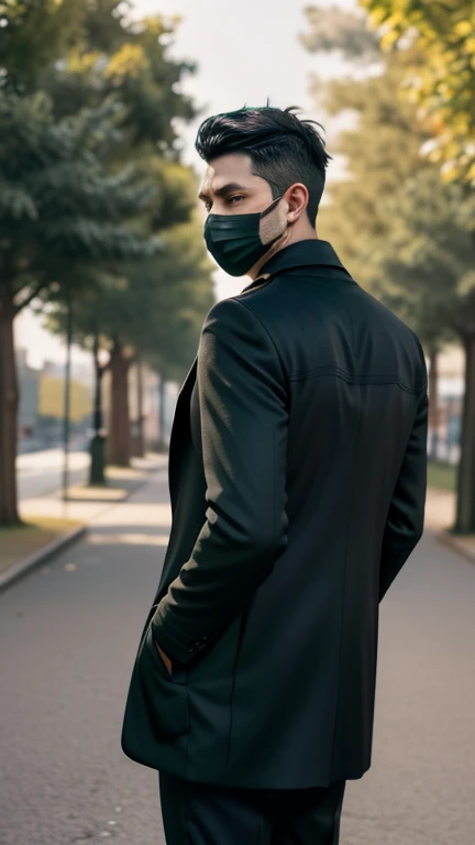 (Masterpiece), 4k quality, (facing back from the camera), handsome and convidece man, undercut,comma-black hair, a man wearing a mask, black mask, black overcoat pired with formal long-pants, ((The background in green city, street, trees, Super Detailed ))