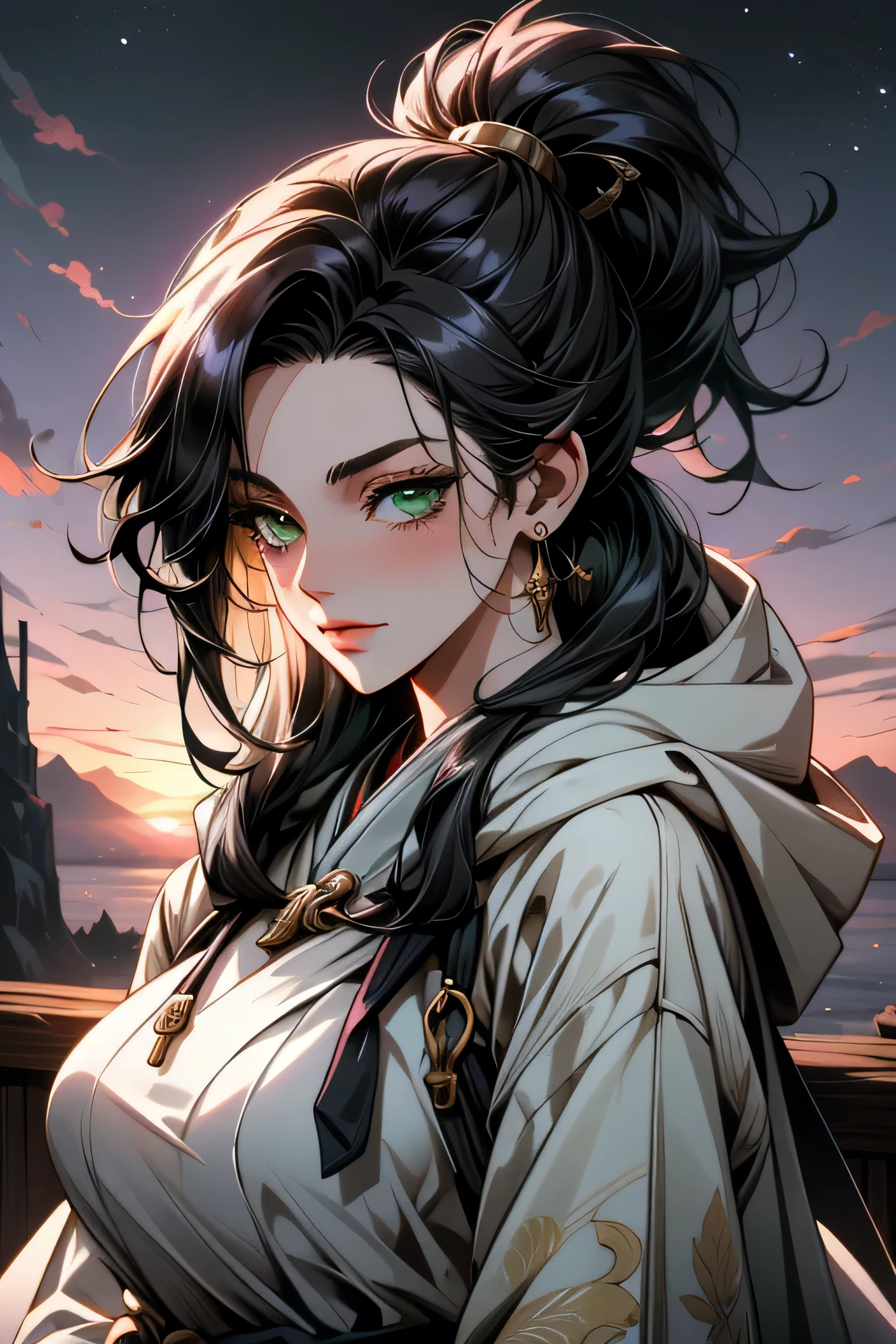 (( ultra-detailed hood is worn, masterpiece, absurd))  woman ,  black hair ,  high ponytail ,  green eyes ,  fantasy Japanese-style clothing, mascots , hood,  gold jewelry ,  sunset sky ,  beautiful detailed sky