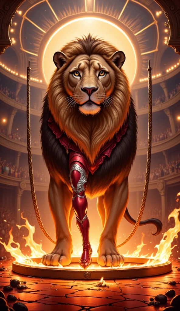 a lion holding a burning hoop for a female human to jump through it, woman wearing red and white leotard, wearing high heels, the woman jumps through the burning hoop, Wide Angle, retina, UHD, best quality, 16k, highres, high details, best details, hyp3rd3tail style