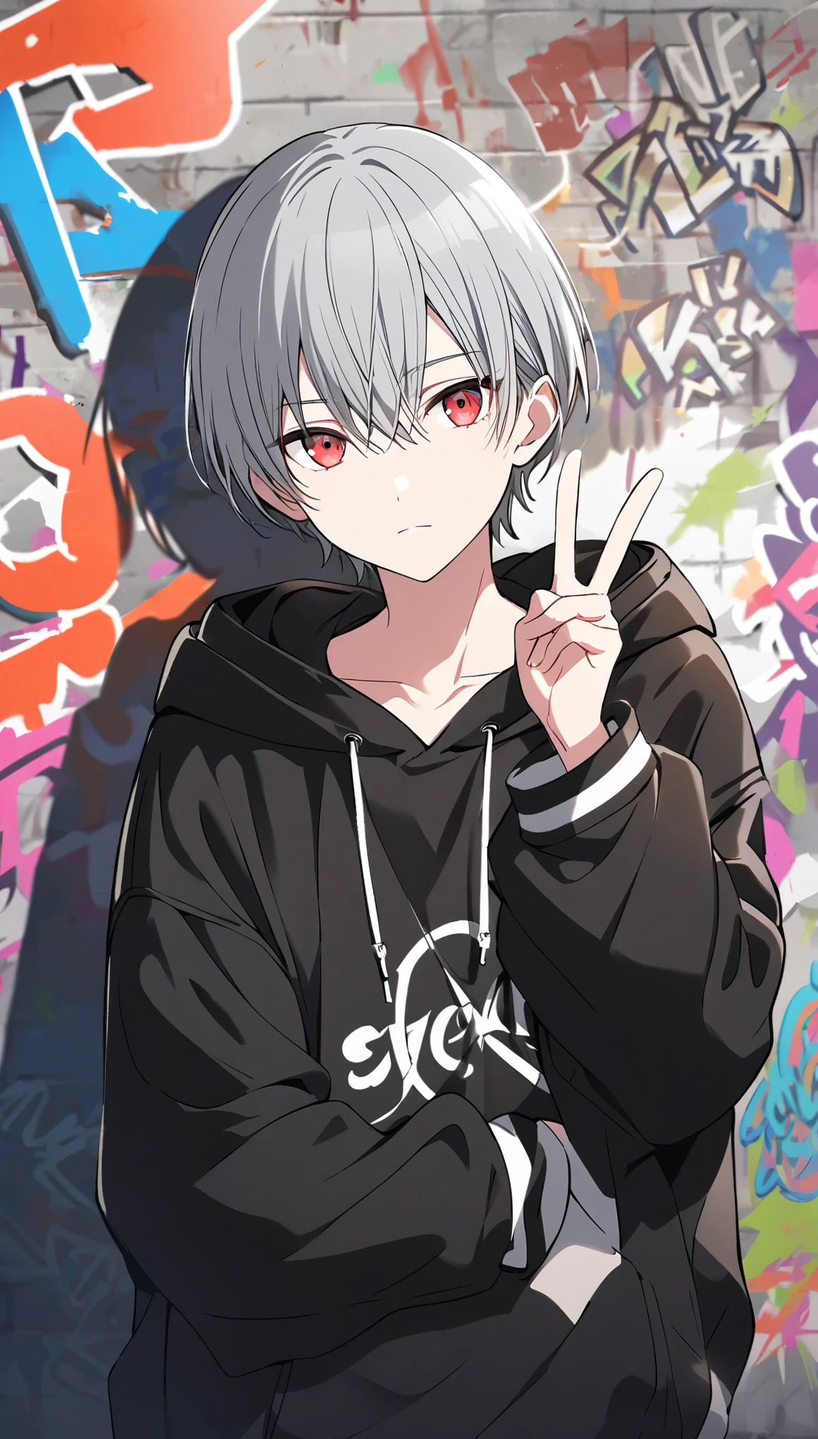 good looking, Alone, 1 male, Gray Hair, Red eyes,  Long Sleeve ,  black hooded hoodie, noon, White Light,cute目,Short hairstyle,cute, background with design ,hiphop background ,,bright,Looking at the camera,Making a peace sign, background with graffiti 