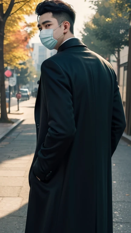 (Masterpiece), 4k quality, (facing back from the camera), handsome and convidece man, undercut,comma-black hair, a man wearing a mask, black mask, black overcoat pired with formal long-pants, ((The background in green city, street, trees, Super Detailed ))