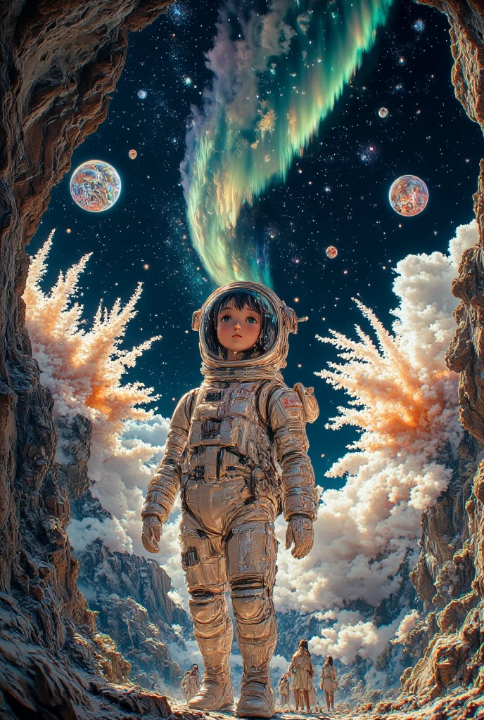 A stunning 8K RAW masterpiece, Glitter Splash captures the beauty of space, Featuring a girl astronaut surrounded by a mesmerizing starry sky, Spectacular aerial fireworks, Breathtaking views of the Aurora Borealis dancing in the Milky Way. The fisheye lens effect creates a festival atmosphere.