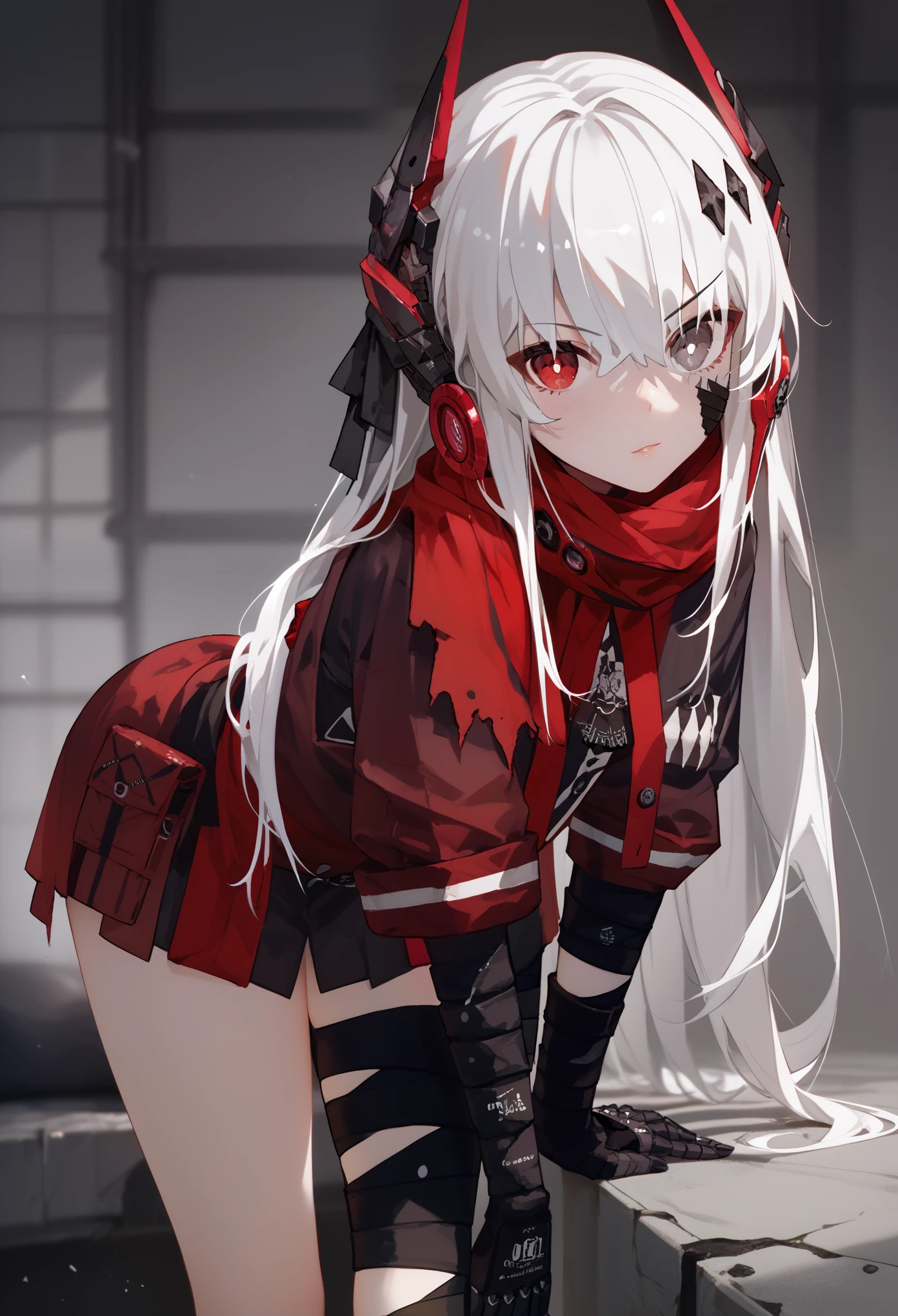 zPDXL2, score_9_up, score_8_up, score_7_up, (Anime_source), 1girl, CrimsonAbyss, Heterochromia, red eye, grey eye, white hair, Crimson clothes, headgear, (bandaged leg),leaning forward,looking at viewer,twisted head,consternation