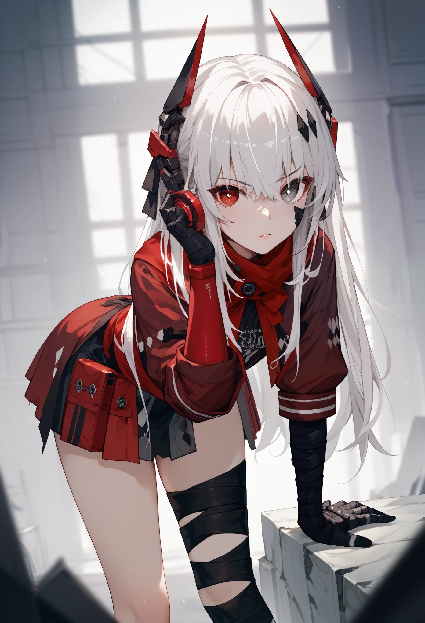 zPDXL2, score_9_up, score_8_up, score_7_up, (Anime_source), 1girl, CrimsonAbyss, Heterochromia, red eye, grey eye, white hair, Crimson clothes, headgear, (bandaged leg),leaning forward,looking at viewer,twisted head,consternation
