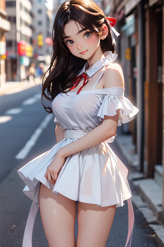 masterpiece, highest quality, One Girl, Thighs, beautiful girl, Flowers, たくさんの小さなflowerびら, flower、Small waist, RAWphotograph,Bright lighting、Face Light, Ultra-realistic, High resolution, photograph, Sharp focus, Highly detailed eyes and face,Symmetrical face, whole body、Large Breasts、Long Hair、チラリと見えるThighs、Cleavage、Red Micro Mini Skirt、White high heels、White lace shirt、No sleeve、Hair tied back with a big red ribbon、Mountain trail、White high heels