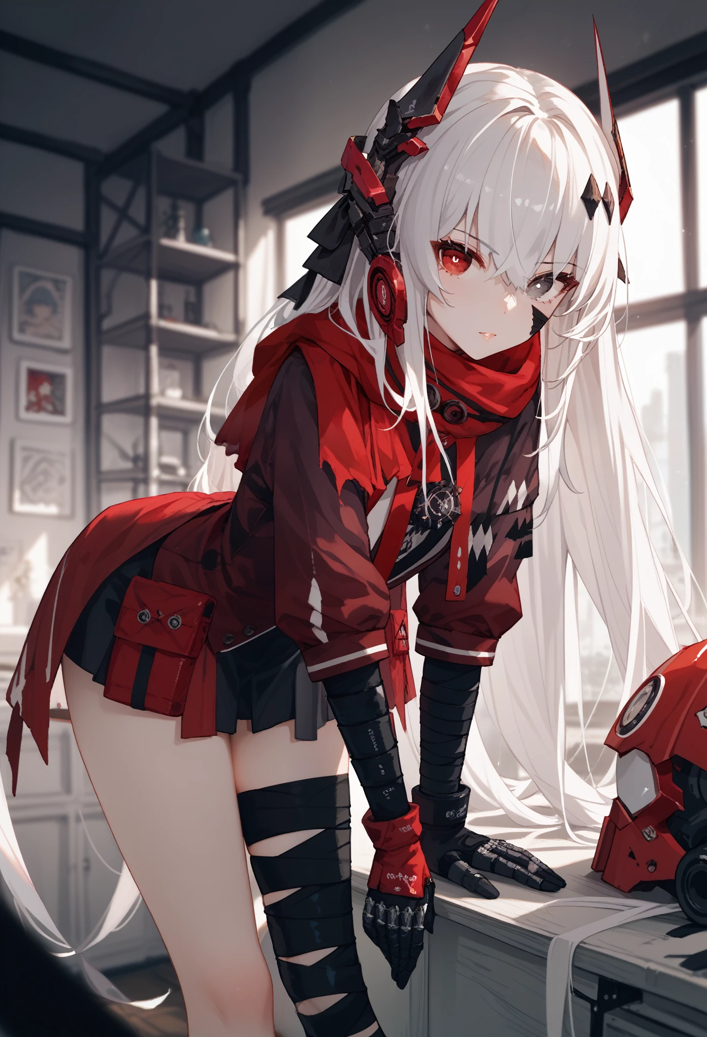 zPDXL2, score_9_up, score_8_up, score_7_up, (Anime_source), 1girl, CrimsonAbyss, Heterochromia, red eye, grey eye, white hair, Crimson clothes, headgear, (bandaged leg),leaning forward,looking at viewer,twisted head,consternation
