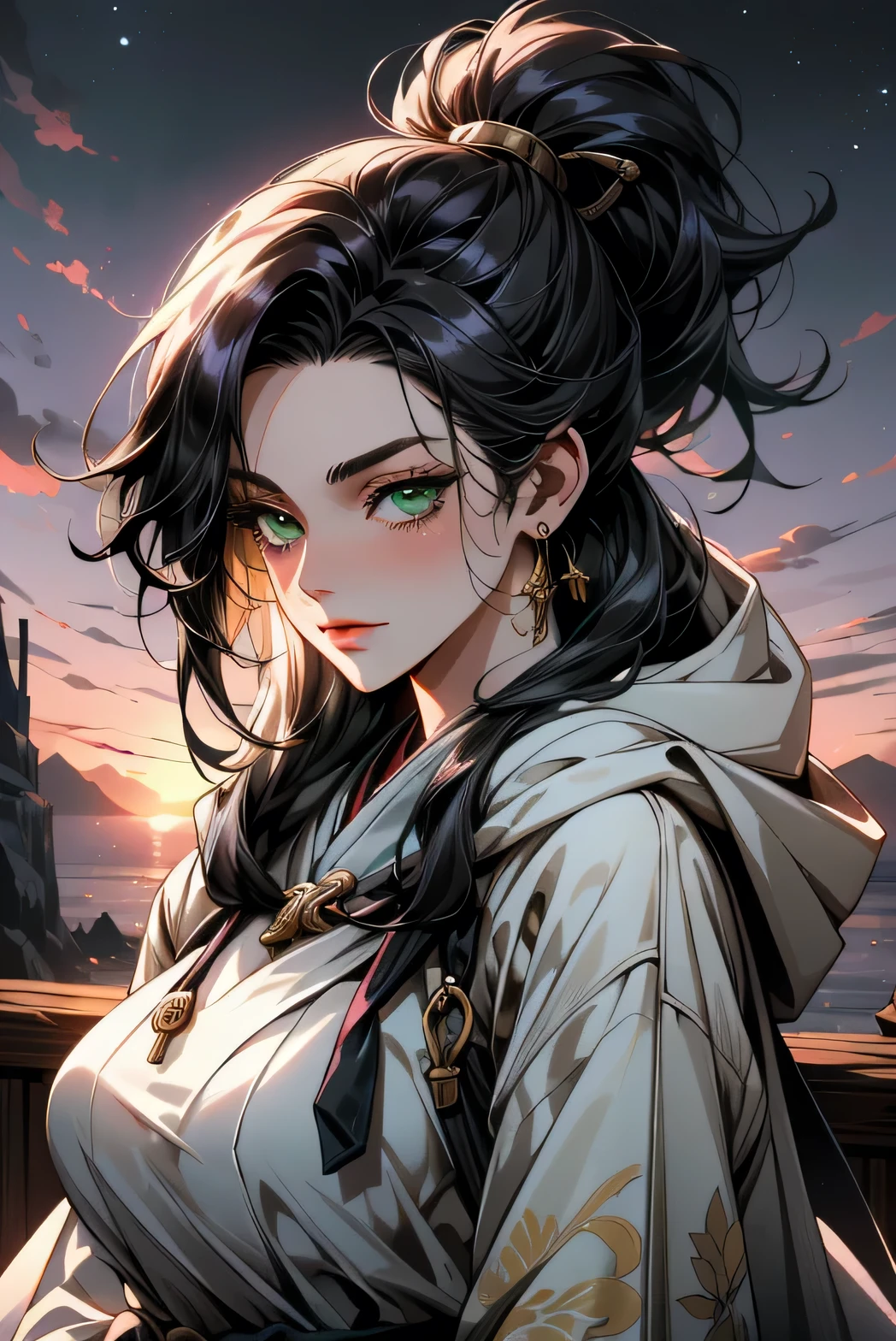 (( ultra-detailed hood is worn, masterpiece, absurd))  woman ,  full-length, with legs, black hair ,  high ponytail ,  green eyes,  fantasy Japanese-style clothing, talismans, hood,  gold jewelry,  sunset sky ,  beautiful detailed sky, 