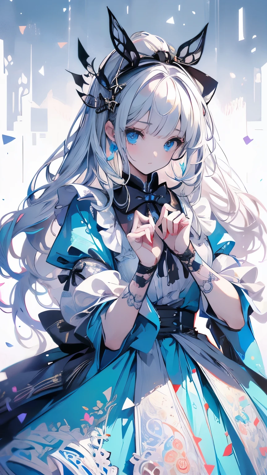 1girl, masterpiece, best quality, 8k, detailed skin texture, detailed cloth texture, beautiful detailed face, intricate details, ultra detailed, Alice in Wonderland, (a bow on her head:1.1), full body, sapatos com salto,