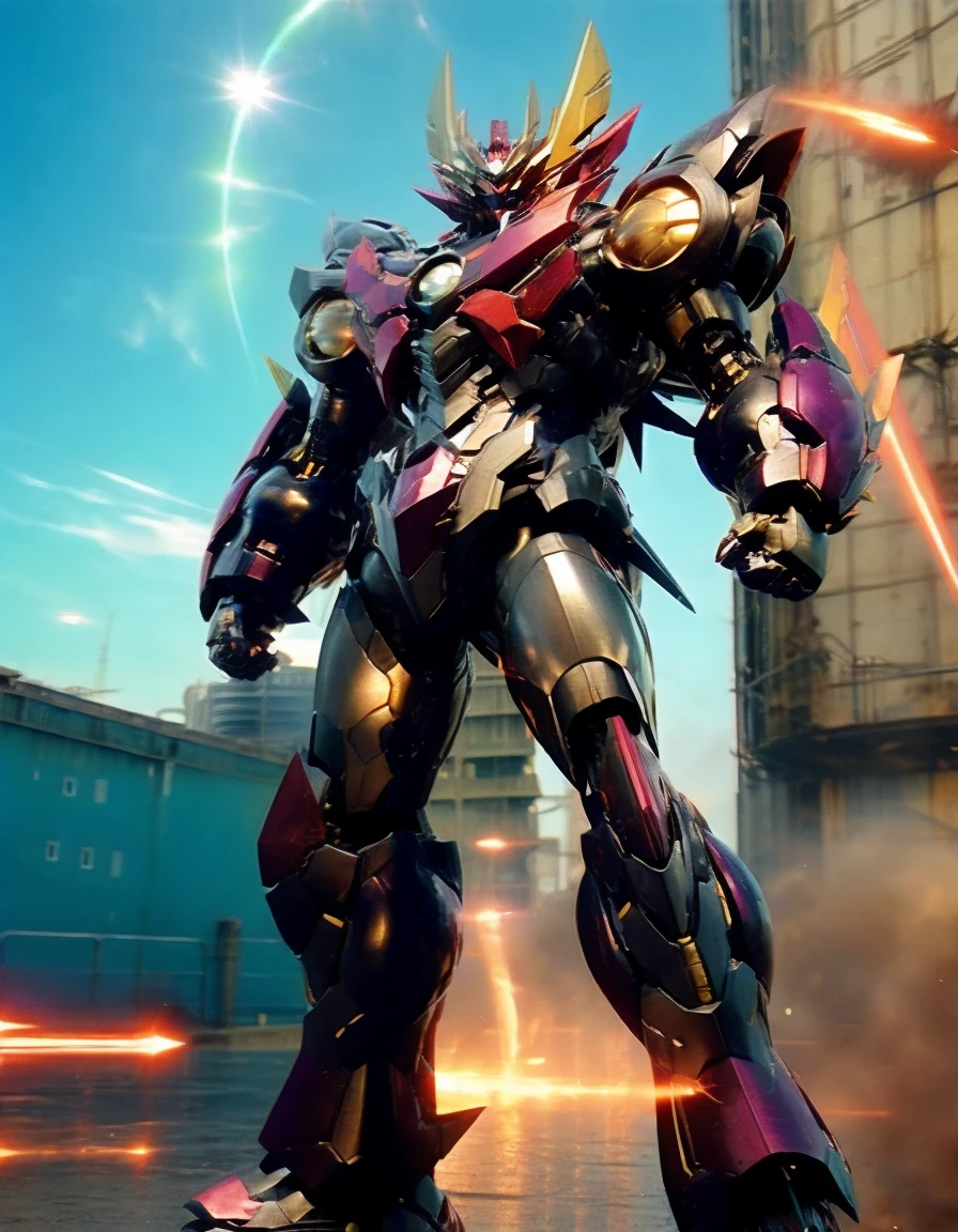 Humanoid Mecha, Fully enclosed shoulder guards, Matching arm and leg guards, whole body, Full Armor, Super Robot, Robust and agile design, ( the concept Inspired by Super Robot, Lion concept chest armor, Temporarily stop, Standing, Floating above a futuristic sci-fi city), Exquisite and mature art style, (Aura effect, Energy, Glowing Eyes, Armor Shines), ((ＳＲＳ)), metallic, dramatic, High resolution, Best Quality, High resolution, Very detailed, Ultra-fine painting, Very delicate, professional, Perfect body professional potion, Anatomically correct, Symmetrical face, Very detailed目と顔, High quality eyes, creativity, RAW Photos, 超High resolution, 32K, Natural Light, Cinema Lighting, masterpiece-anatomy-perfect, masterpiece:1.5