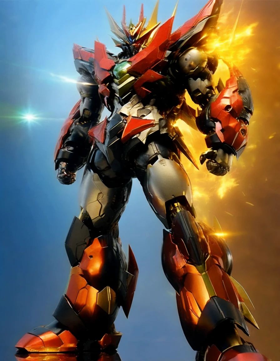 Humanoid Mecha, Fully enclosed shoulder guards, Matching arm and leg guards, whole body, Full Armor, Super Robot, Robust and agile design, ( the concept Inspired by Super Robot, Lion concept chest armor, Temporarily stop, Standing, Floating above a futuristic sci-fi city), Exquisite and mature art style, (Aura effect, Energy, Glowing Eyes, Armor Shines), ((ＳＲＳ)), metallic, dramatic, High resolution, Best Quality, High resolution, Very detailed, Ultra-fine painting, Very delicate, professional, Perfect body professional potion, Anatomically correct, Symmetrical face, Very detailed目と顔, High quality eyes, creativity, RAW Photos, 超High resolution, 32K, Natural Light, Cinema Lighting, masterpiece-anatomy-perfect, masterpiece:1.5