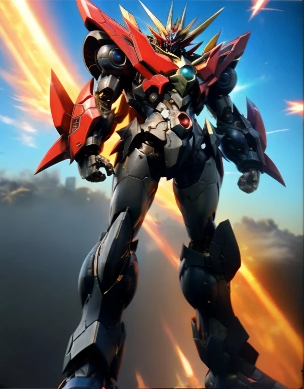 Humanoid Mecha, Fully enclosed shoulder guards, Matching arm and leg guards, whole body, Full Armor, Super Robot, Robust and agile design, ( the concept Inspired by Super Robot, Lion concept chest armor, Temporarily stop, Standing, Floating above a futuristic sci-fi city), Exquisite and mature art style, (Aura effect, Energy, Glowing Eyes, Armor Shines), ((ＳＲＳ)), metallic, dramatic, High resolution, Best Quality, High resolution, Very detailed, Ultra-fine painting, Very delicate, professional, Perfect body professional potion, Anatomically correct, Symmetrical face, Very detailed目と顔, High quality eyes, creativity, RAW Photos, 超High resolution, 32K, Natural Light, Cinema Lighting, masterpiece-anatomy-perfect, masterpiece:1.5