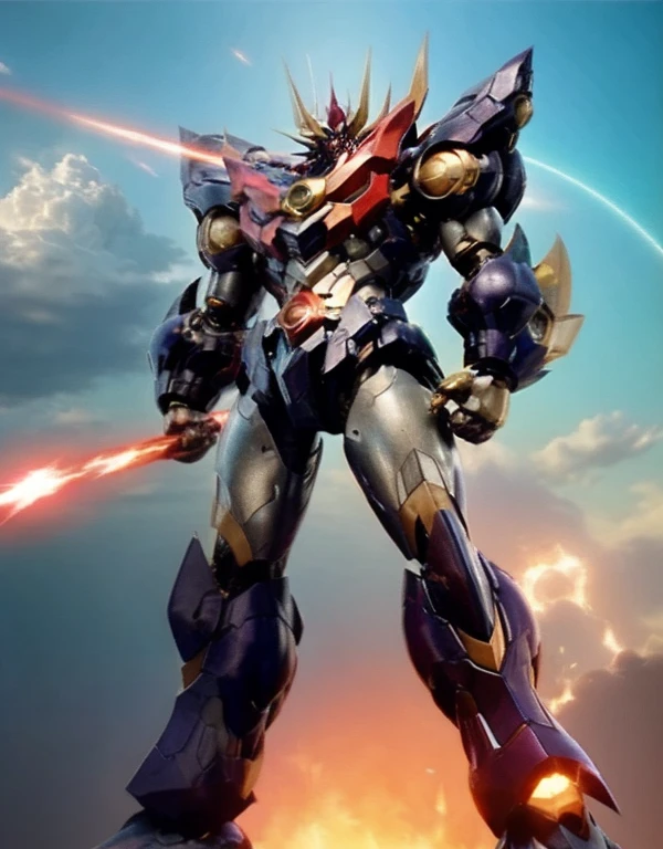 Humanoid Mecha, Fully enclosed shoulder guards, Matching arm and leg guards, whole body, Full Armor, Super Robot, Robust and agile design, ( the concept Inspired by Super Robot, Lion concept chest armor, Temporarily stop, Standing, Floating above a futuristic sci-fi city), Exquisite and mature art style, (Aura effect, Energy, Glowing Eyes, Armor Shines), ((ＳＲＳ)), metallic, dramatic, High resolution, Best Quality, High resolution, Very detailed, Ultra-fine painting, Very delicate, professional, Perfect body professional potion, Anatomically correct, Symmetrical face, Very detailed目と顔, High quality eyes, creativity, RAW Photos, 超High resolution, 32K, Natural Light, Cinema Lighting, masterpiece-anatomy-perfect, masterpiece:1.5