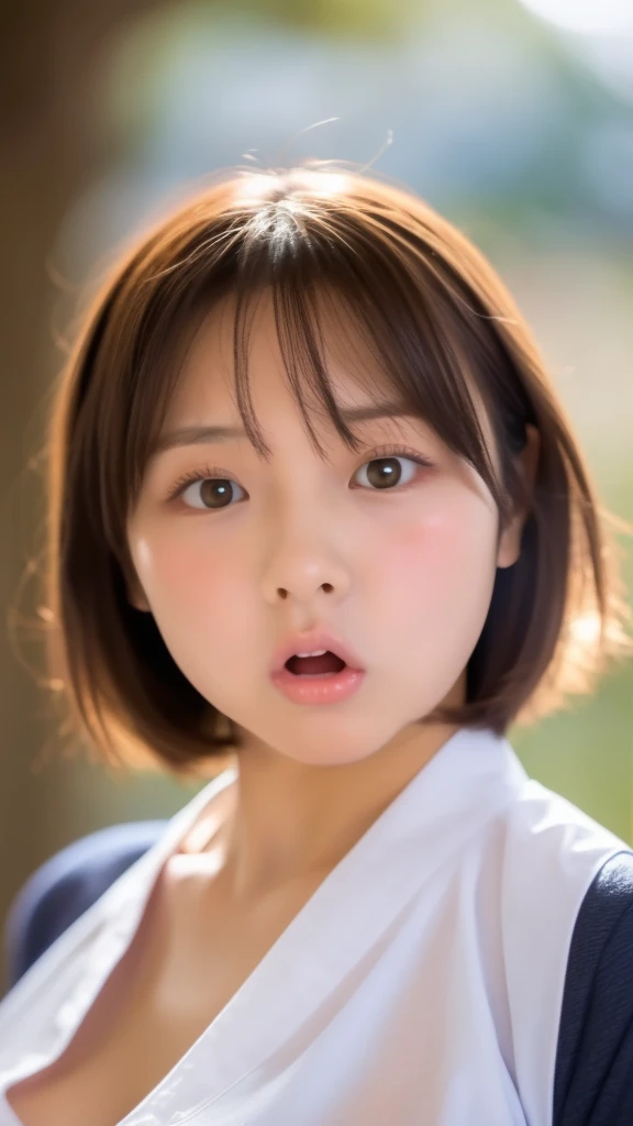 (Facial image:1.25), , (cute), (), (Round face), One Japanese woman, Beautiful girls, Beautiful Face, (Short Straight Hair)、(Big Breasts:1.4), ( Viewers), (   standing facing the camera   ), (Natural Mouth)、(pout:1.2)、(Student Uniform)