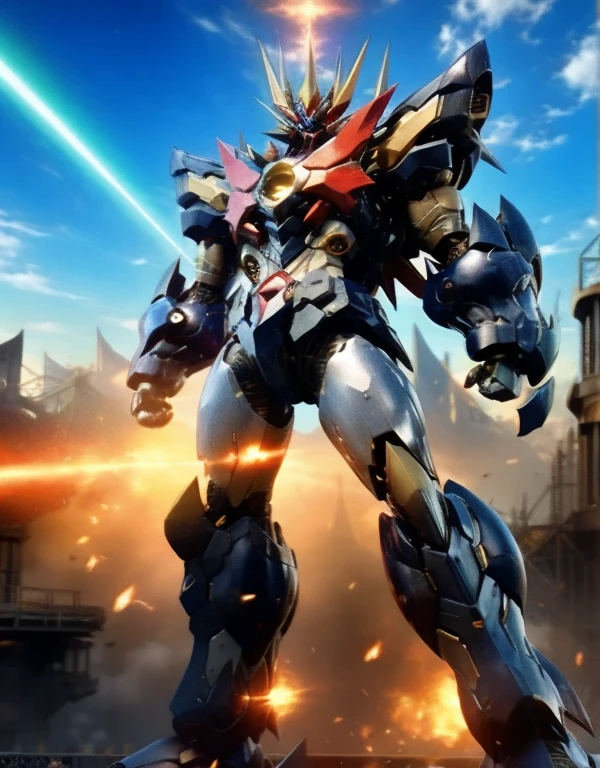 Humanoid Mecha, Fully enclosed shoulder guards, Matching arm and leg guards, whole body, Full Armor, Super Robot, Robust and agile design, ( the concept Inspired by Super Robot, Lion concept chest armor, Temporarily stop, Standing, Floating above a futuristic sci-fi city), Exquisite and mature art style, (Aura effect, Energy, Glowing Eyes, Armor Shines), ((ＳＲＳ)), metallic, dramatic, High resolution, Best Quality, High resolution, Very detailed, Ultra-fine painting, Very delicate, professional, Perfect body professional potion, Anatomically correct, Symmetrical face, Very detailed目と顔, High quality eyes, creativity, RAW Photos, 超High resolution, 32K, Natural Light, Cinema Lighting, masterpiece-anatomy-perfect, masterpiece:1.5