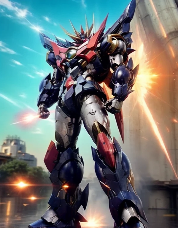 Humanoid Mecha, Fully enclosed shoulder guards, Matching arm and leg guards, whole body, Full Armor, Super Robot, Robust and agile design, ( the concept Inspired by Super Robot, Lion concept chest armor, Temporarily stop, Standing, Floating above a futuristic sci-fi city), Exquisite and mature art style, (Aura effect, Energy, Glowing Eyes, Armor Shines), ((ＳＲＳ)), metallic, dramatic, High resolution, Best Quality, High resolution, Very detailed, Ultra-fine painting, Very delicate, professional, Perfect body professional potion, Anatomically correct, Symmetrical face, Very detailed目と顔, High quality eyes, creativity, RAW Photos, 超High resolution, 32K, Natural Light, Cinema Lighting, masterpiece-anatomy-perfect, masterpiece:1.5