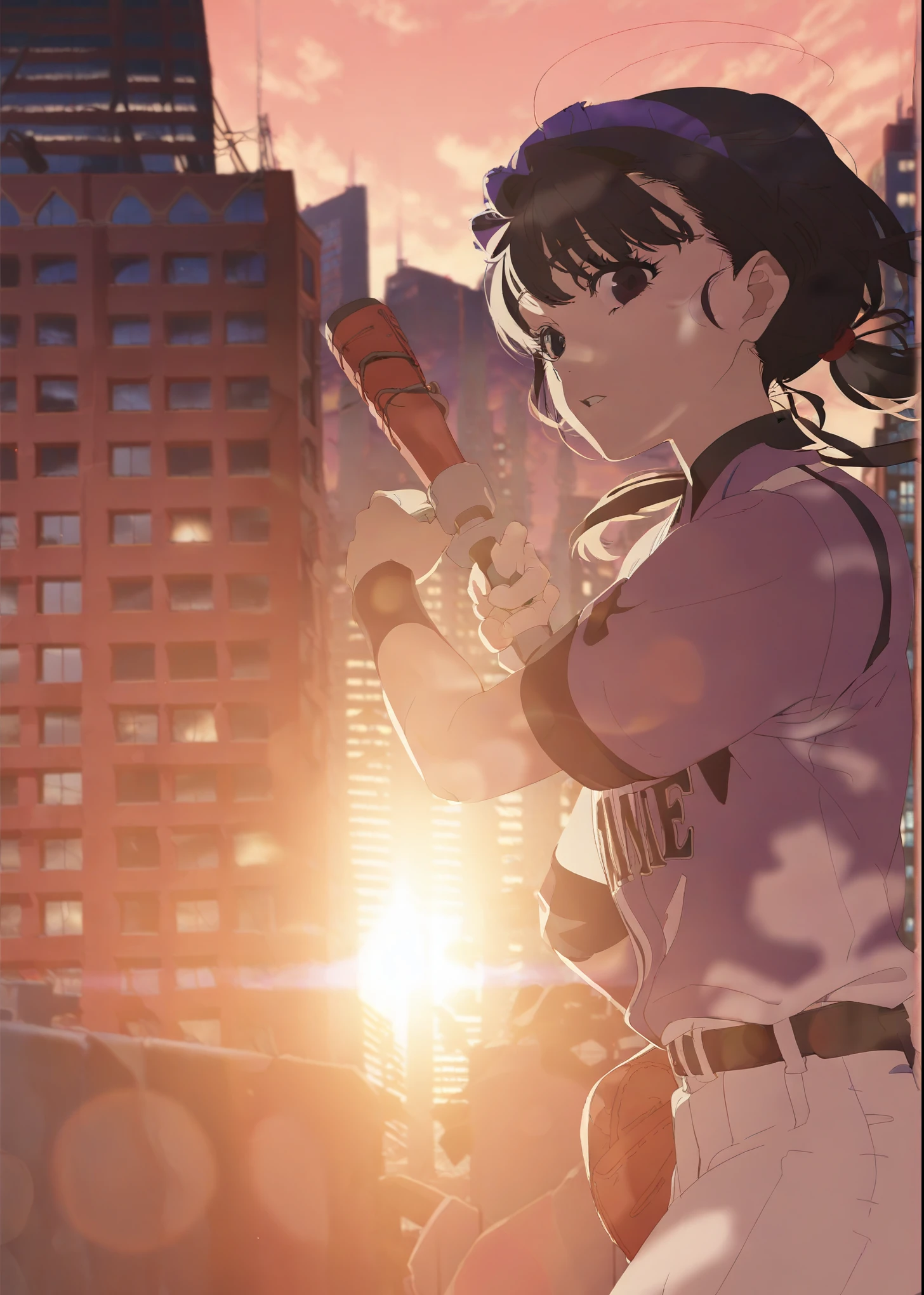 1 Girl，Black low ponytail， black eyes ，purple white baseball uniform，Sunset，red brick skyscrapers in the background，Movie Lighting