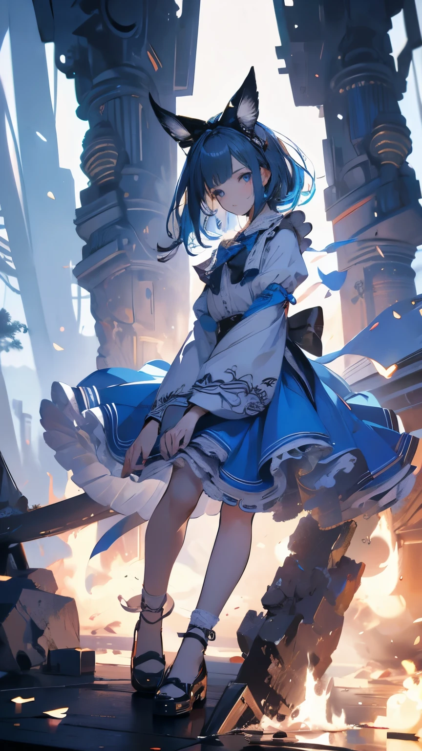 1girl, masterpiece, best quality, 8k, detailed skin texture, detailed cloth texture, beautiful detailed face, intricate details, ultra detailed, Alice in Wonderland, (a bow on her head:1.1), full body, sapatos com salto, cabelo loiro