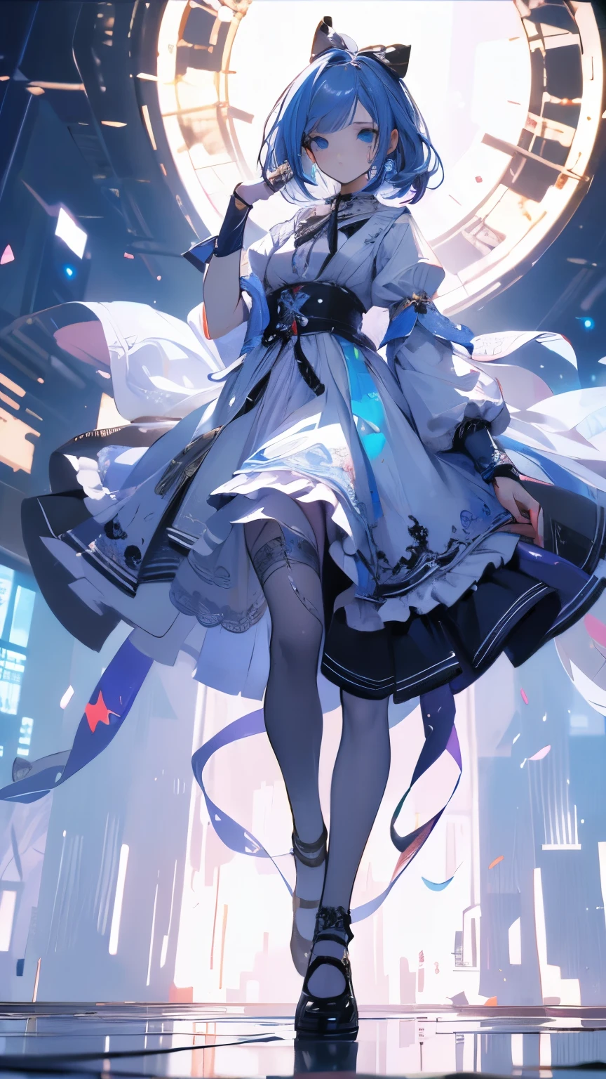 1girl, masterpiece, best quality, 8k, detailed skin texture, detailed cloth texture, beautiful detailed face, intricate details, ultra detailed, Alice in Wonderland, (a bow on her head:1.1), full body, sapatos com salto, cabelo loiro