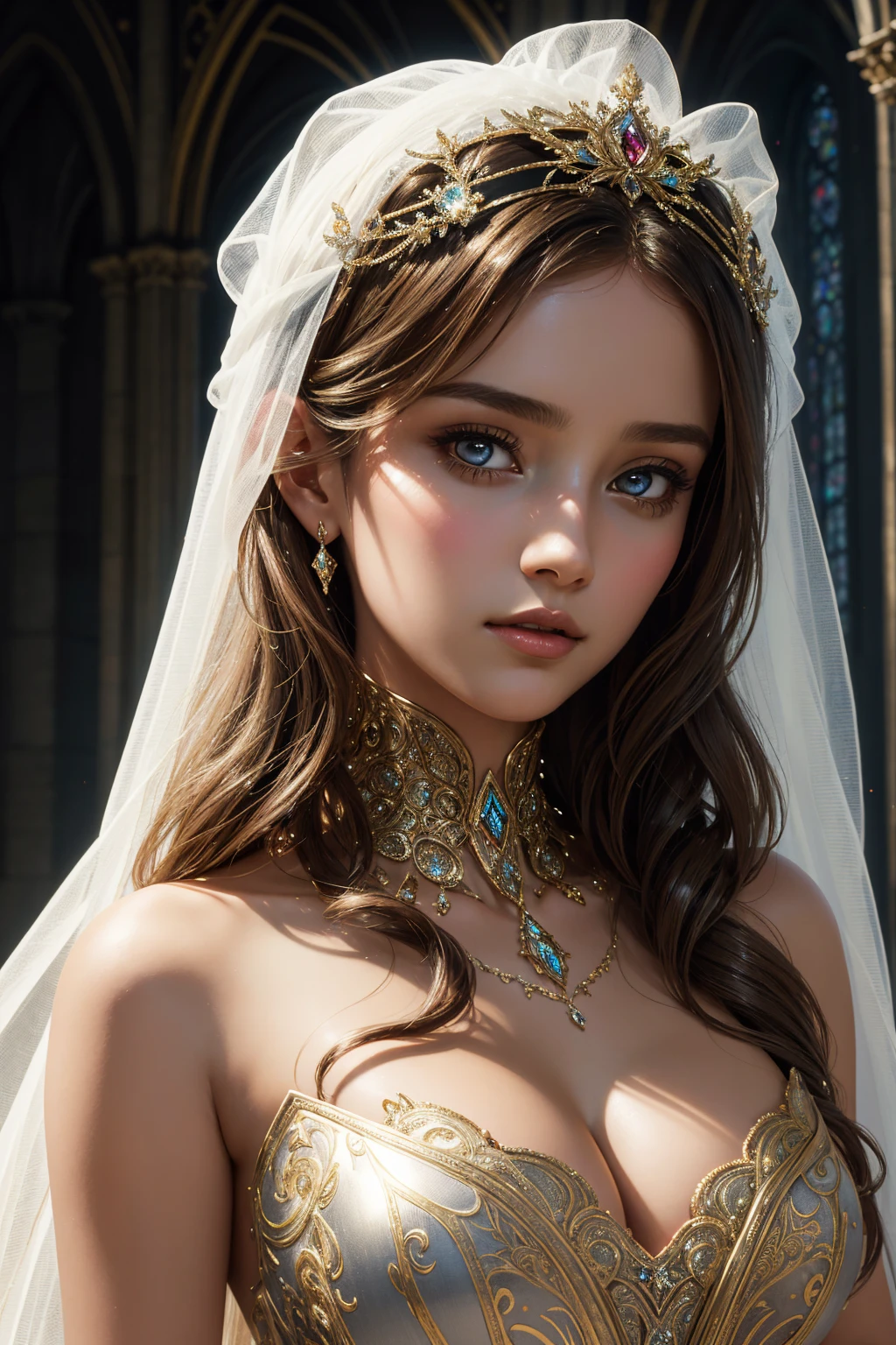 portrait Camren Bicondova, wearing veil bride tiara costume, against the background of the Notre Dame Cathedral, character portrait, 4 3 9 0 s, curly hair, intricate, elegant, highly detailed, digital painting, artstation, concept art, smooth, sharp focus, illustration, art by wlop, charlie bowater and alexandra fomina, 36k, glittering, shining, correct anatomy