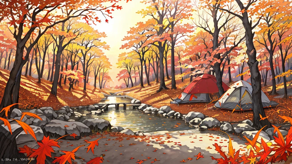 (masterpiece:1.2),  best quality ,Pixiv,  Kampala, Super detailed, it makes you feel the calm and rich beauty of nature （1.7）No humans appear,Humans not included, Fall campground、 There is a tent set up in front of you and there is a bonfire nearby 、Forest sky with fallen leaves and autumn leaves that block the view 、 Spirit Beautiful Sunset Light Shines In 、 leaves, natural beauty, surprise, magic, red leaves, yellow leaves, autumn leaves, forest light effects, mysterious atmosphere, shadow composition, another world experience
