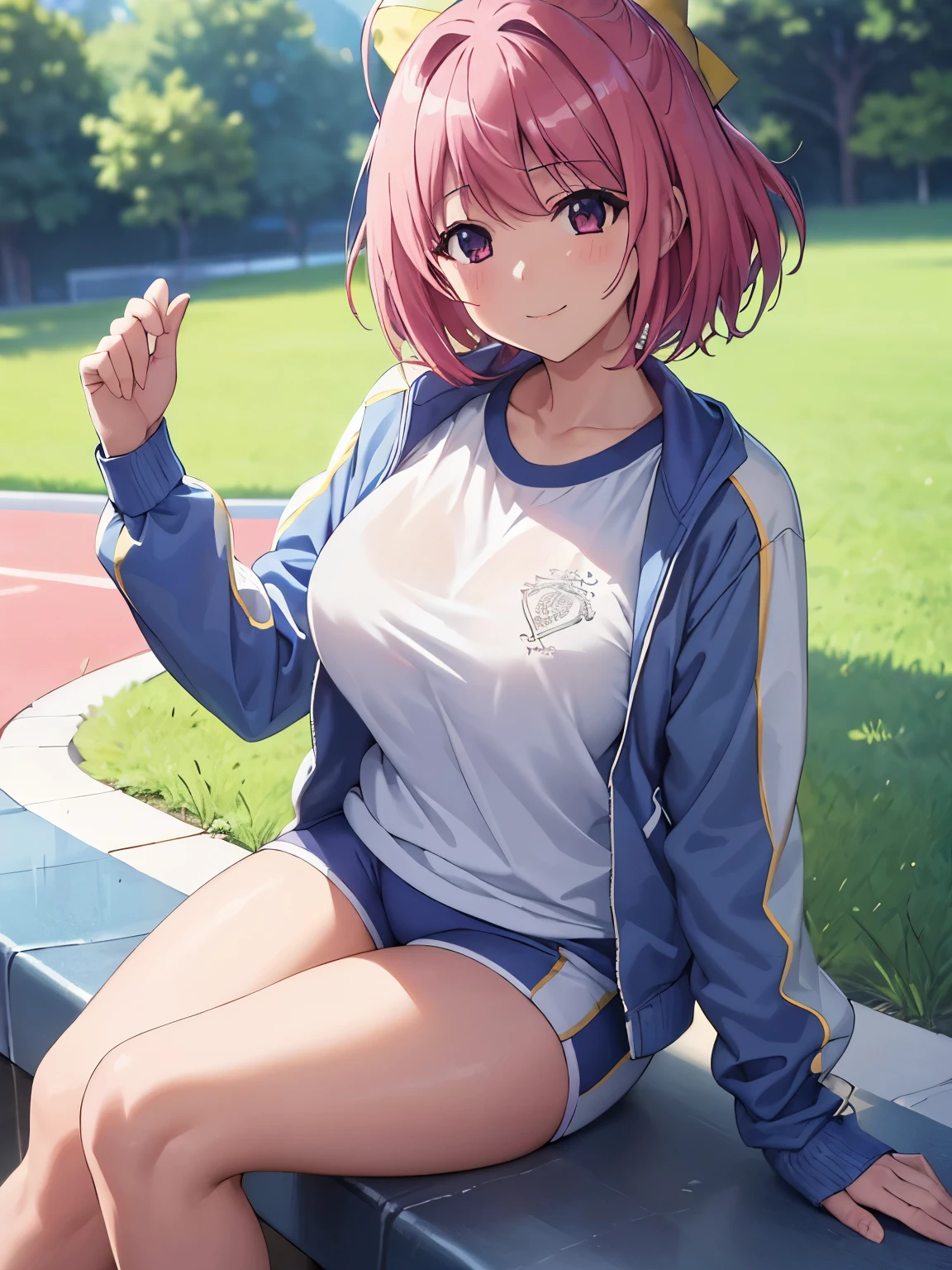 (8k、Best Quality、Best Quality、masterpiece)、Detailed face、One Girl、 、

kanon nakagawa,

gym outfit, blue jacket,white shirt,shorts,
Thighs、

smile、

lawn、