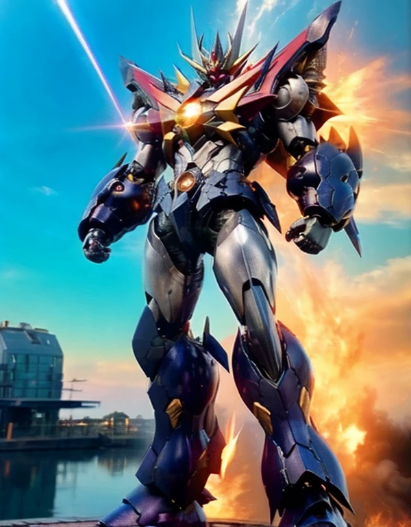 Humanoid Mecha, Fully enclosed shoulder guards, Matching arm and leg guards, whole body, Full Armor, Super Robot, Robust and agile design, ( the concept Inspired by Super Robot, Lion concept chest armor, Temporarily stop, Standing, Floating above a futuristic sci-fi city), Exquisite and mature art style, (Aura effect, Energy, Glowing Eyes, Armor Shines), ((ＳＲＳ)), metallic, dramatic, High resolution, Best Quality, High resolution, Very detailed, Ultra-fine painting, Very delicate, professional, Perfect body professional potion, Anatomically correct, Symmetrical face, Very detailed目と顔, High quality eyes, creativity, RAW Photos, 超High resolution, 32K, Natural Light, Cinema Lighting, masterpiece-anatomy-perfect, masterpiece:1.5