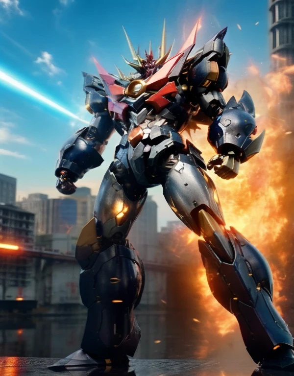 Humanoid Mecha, Fully enclosed shoulder guards, Matching arm and leg guards, whole body, Full Armor, Super Robot, Robust and agile design, ( the concept Inspired by Super Robot, Lion concept chest armor, Temporarily stop, Standing, Floating above a futuristic sci-fi city), Exquisite and mature art style, (Aura effect, Energy, Glowing Eyes, Armor Shines), ((ＳＲＳ)), metallic, dramatic, High resolution, Best Quality, High resolution, Very detailed, Ultra-fine painting, Very delicate, professional, Perfect body professional potion, Anatomically correct, Symmetrical face, Very detailed目と顔, High quality eyes, creativity, RAW Photos, 超High resolution, 32K, Natural Light, Cinema Lighting, masterpiece-anatomy-perfect, masterpiece:1.5