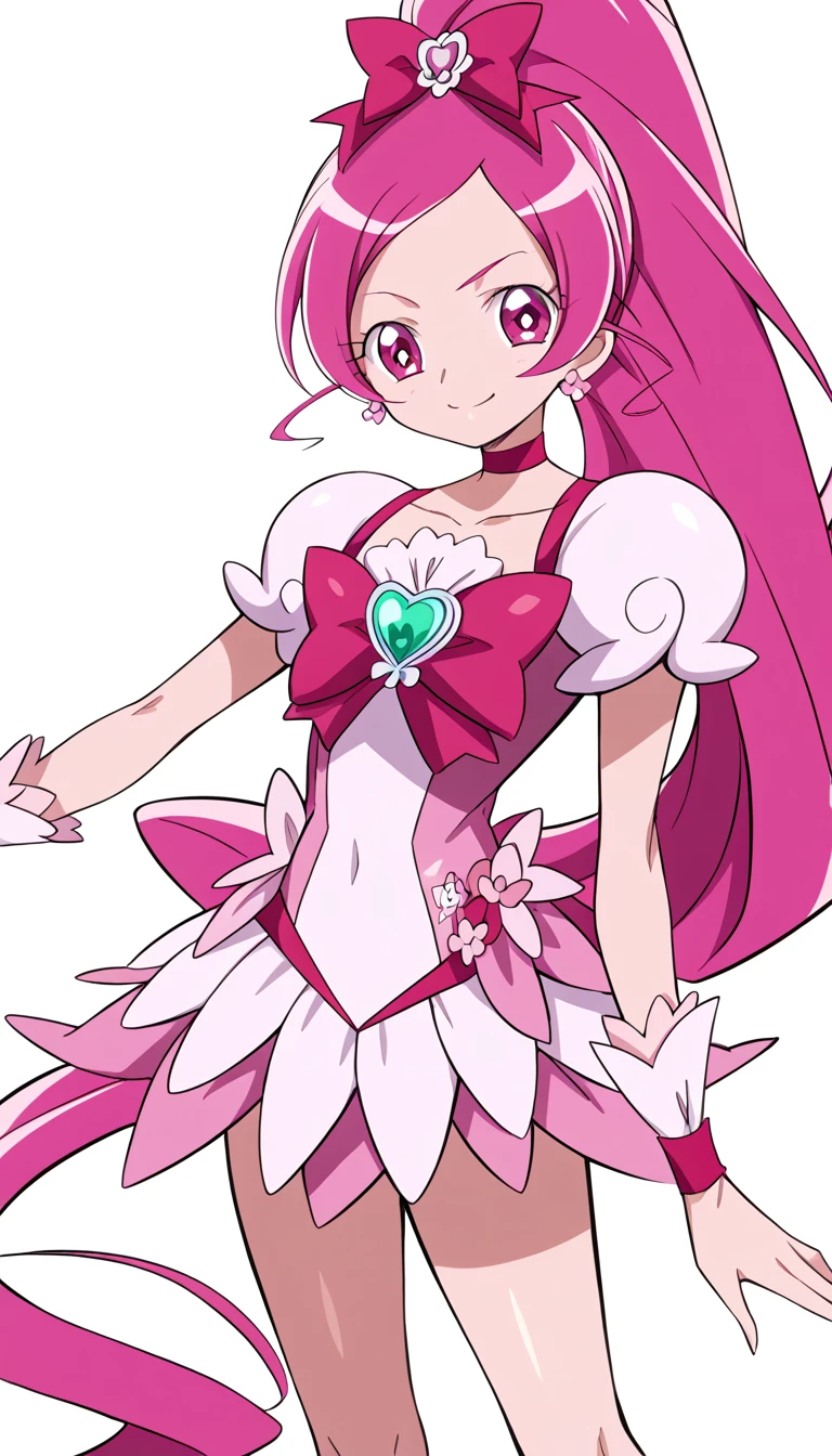 Cure Blossom、  score_9,   score_8_up,   score_7_up, Coloring,  animated screen capture,   flat color  , Goddess Magazine,  shiny skin, (Photo ID illustration、 Facing forward 、How, On the body:1.2), One Girl,  bigger breasts , ,Tops, Alone,  Viewers, Pink Hair、  ponytail , smile、 Facing forward 、Wear a Pretty Cure costume、Photo from the waist up、  white background