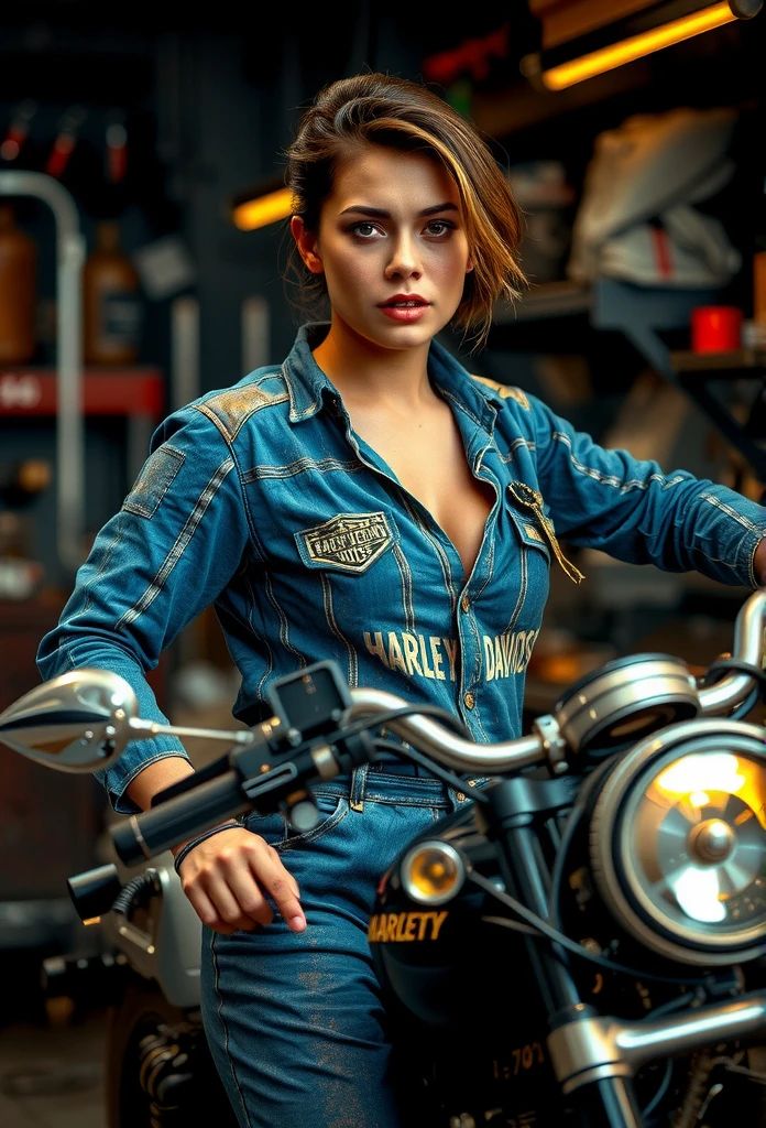 young woman , fit perfect body , medium breast , blue dirty jumpsuit , dirt oil stain ,   dirty face , sweat , harley davidson , garage , realistic , uhd , 8K .