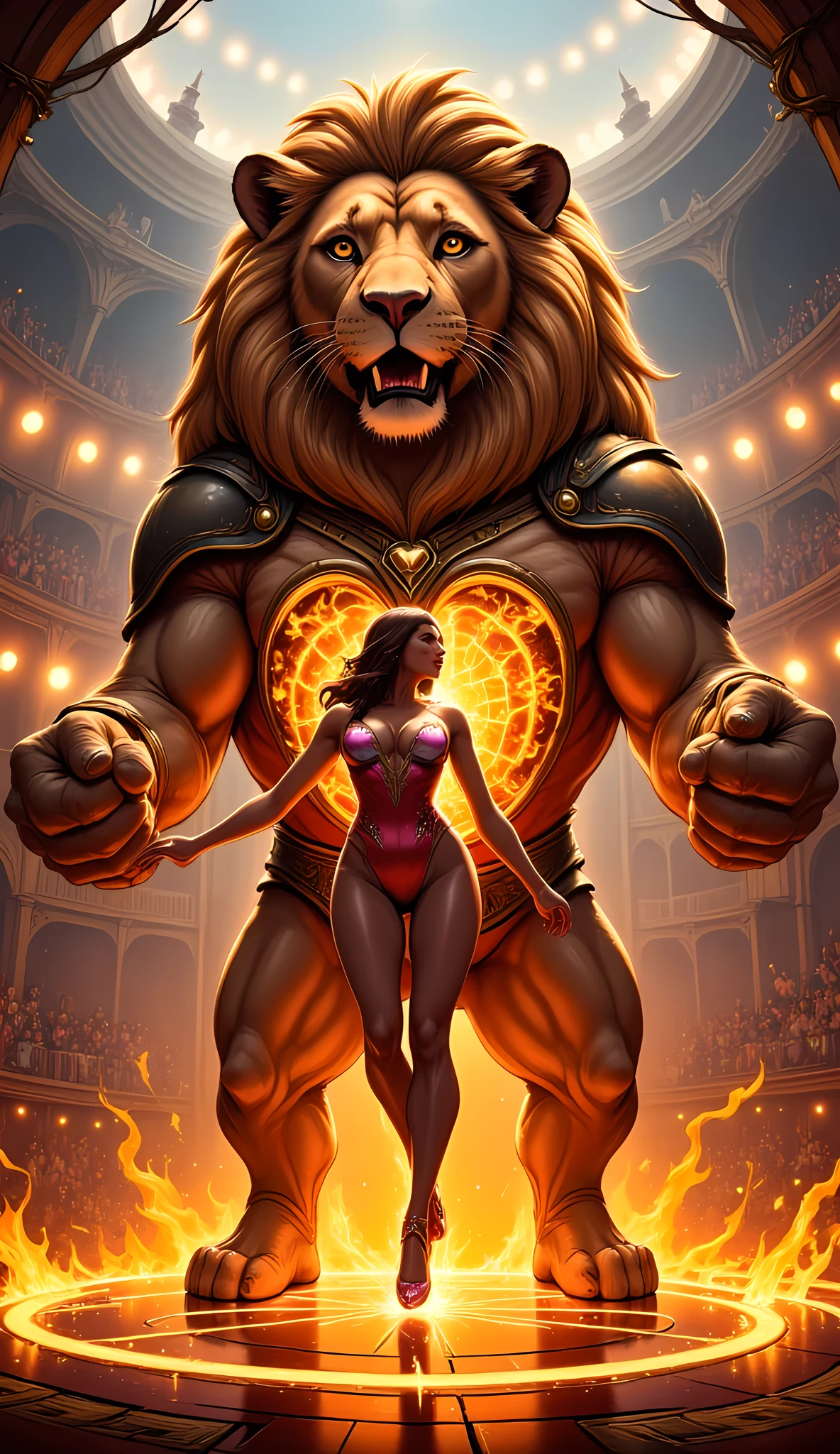 a lion holding a burning hoop for a female human to jump through it, woman wearing red and white leotard, wearing high heels, the woman jumps through the burning hoop, Wide Angle, retina, UHD, best quality, 16k, highres, high details, best details, hyp3rd3tail style