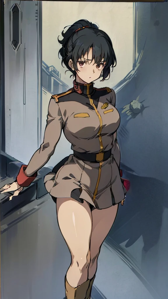  1 girl、Beautiful Female Officer in the Earth Federation Force 、Short black hair、 side blade，As cute as an idol、Draw a face accurately、Plump body type，Large Breasts、 Healthy Thigh Short Skirt Earth Federation Army、Knee Height、Inside the bridge of a battleship、 anatomically correct 、Accurate Fingers、Precision stone leaf carving、 photorealistic