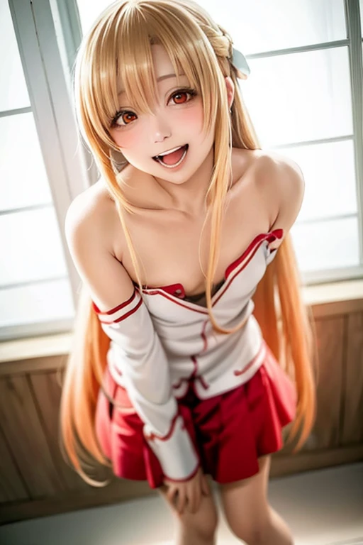 ((Best Quality)), ((masterpiece)), (be familiar with),  perfect face, indoor, bedroom,  watching viewers,
One woman, Yuuki Asuna,
Open Mouth, Ecstatic expression, blush, smile,
Small breasts,  flat chest, , , , Girl,
Long Hair,  long hair,
Leg spread,