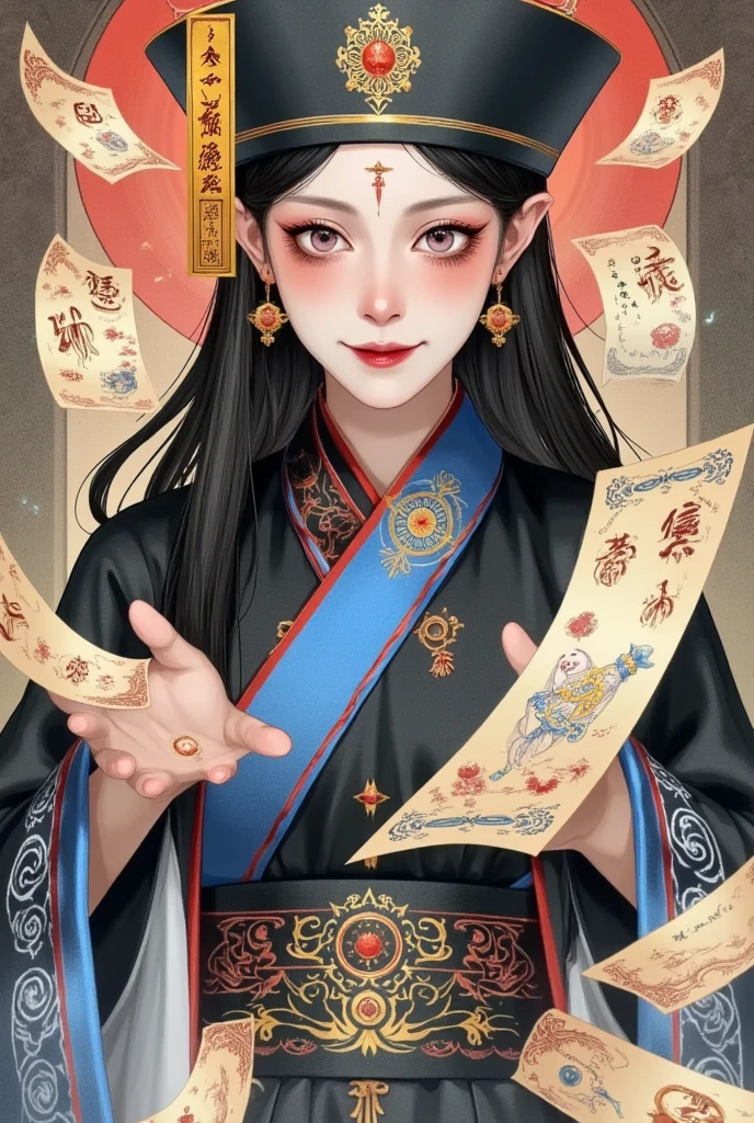   art illustration，colored pencil art ：arafed woman , teeth， An animated comic ，Qing Dynasty，Official service，Official hat，black，Talisman paper，Runes， Detailed Fan Art by Female Mages, Beautiful digital illustrations, Digital Anime Illustration, Taoist priest, 女法师的