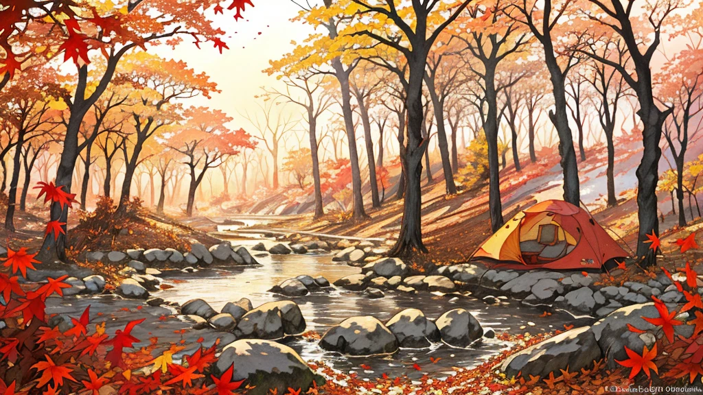 (masterpiece:1.2),  best quality ,Pixiv,  Kampala, Super detailed, it makes you feel the calm and rich beauty of nature （1.7）No humans appear,Humans not included, Fall campground、 There is a tent set up in front of you and there is a bonfire nearby 、Forest sky with fallen leaves and autumn leaves that block the view 、 Spirit Beautiful Sunset Light Shines In 、 leaves, natural beauty, surprise, magic, red leaves, yellow leaves, autumn leaves, forest light effects, mysterious atmosphere, shadow composition, another world experience
