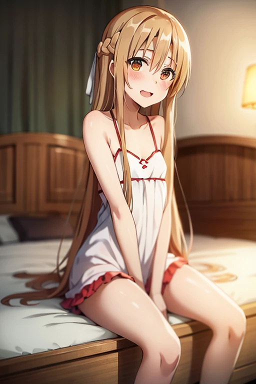 ((Best Quality)), ((masterpiece)), (be familiar with),  perfect face, indoor, bedroom,  watching viewers,
One woman, Yuuki Asuna,
Open Mouth, Ecstatic expression, blush, smile,
Small breasts,  flat chest, , , , Girl,
Long Hair,  long hair,
Leg spread,