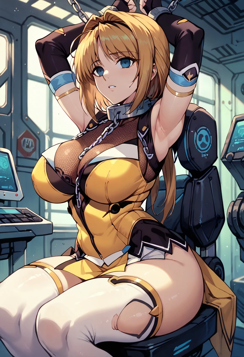 takamori haruka,(Metal collar with chain:1.4),(Inside a futuristic research facility:1.2),empty eyes, ,Big Breasts,  taut chest,(The girl is sitting in a 、 mechanical chair with her arms and legs restrained), open legs,Raise your arms