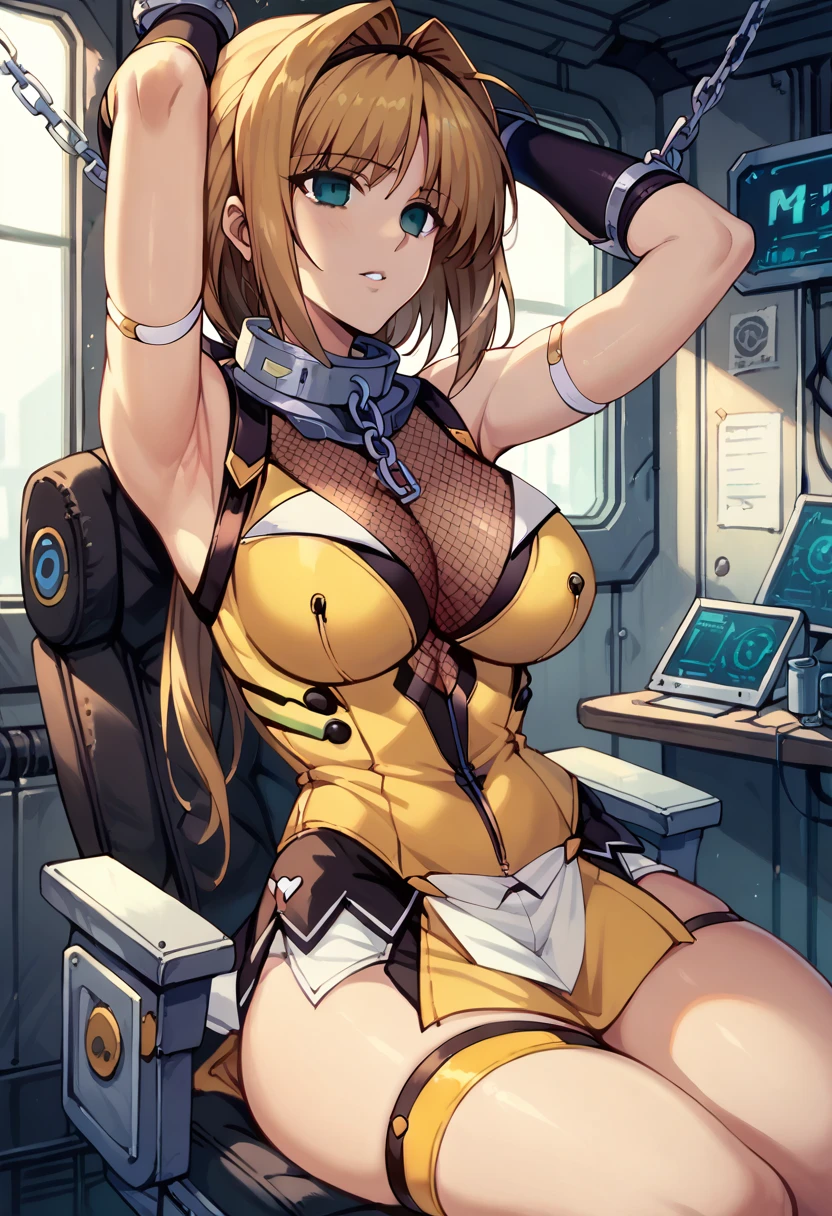 takamori haruka,(Metal collar with chain:1.4),(Inside a futuristic research facility:1.2),empty eyes, ,Big Breasts,  taut chest,(The girl is sitting in a 、 mechanical chair with her arms and legs restrained), open legs,Raise your arms