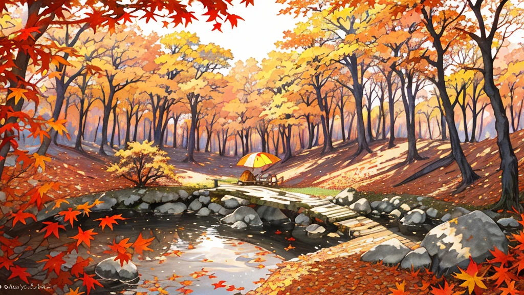 (masterpiece:1.2),  best quality ,Pixiv,  Kampala, Super detailed, it makes you feel the calm and rich beauty of nature （1.7）No humans appear,Humans not included, Fall campground、 There is a tent set up in front of you and there is a bonfire nearby 、Forest sky with fallen leaves and autumn leaves that block the view 、 Spirit Beautiful Sunset Light Shines In 、 leaves, natural beauty, surprise, magic, red leaves, yellow leaves, autumn leaves, forest light effects, mysterious atmosphere, shadow composition, another world experience
