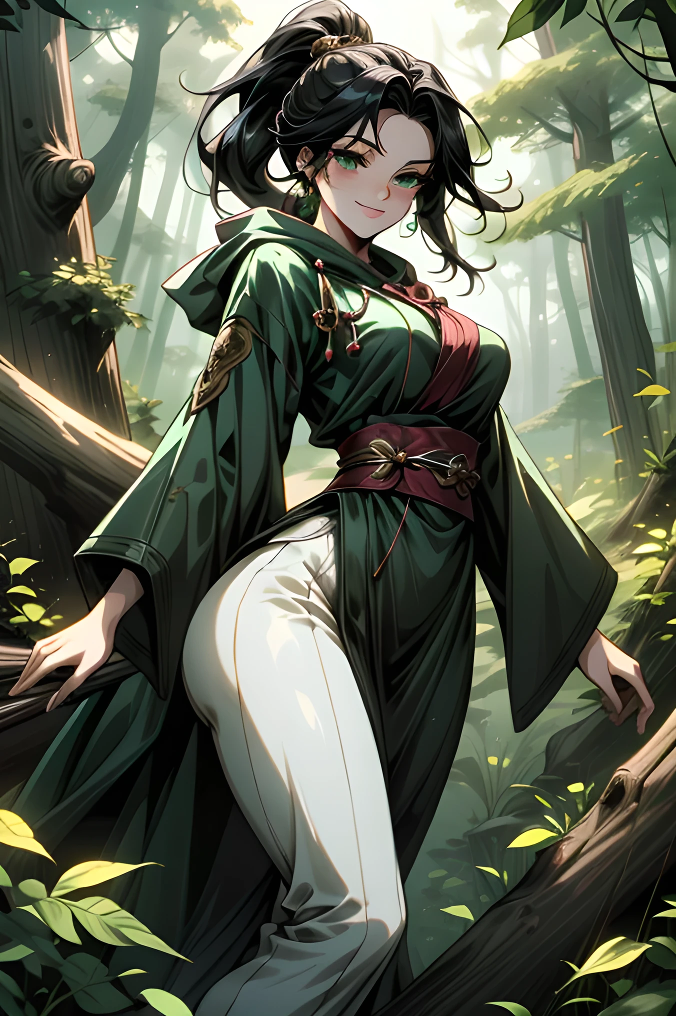 (( ultra-detailed hood is worn, masterpiece, absurd)) dynamic pose, woman , full-length, kind smile, black hair , high ponytail , green eyes, fantasy Japanese-style clothing, talismans, hood, gold jewelry, forest, beautiful detailed forest