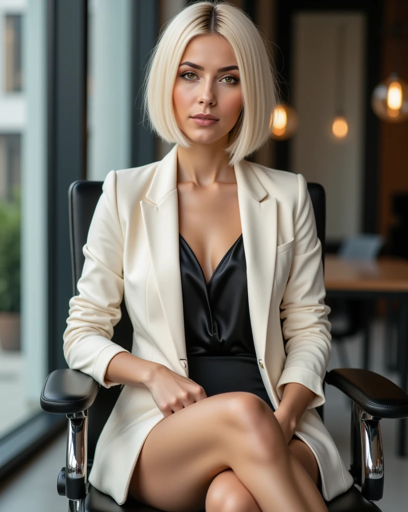 A stylish office portrait of a beautiful 22-year-old woman with short platinum blonde  asymmetrical cut with one side significantly shorter on the right than the other. On the right side, the short side descends to the mouth and is placed behind the ear, while on the left it falls in soft layers just below the chin. The hair has a smooth texture. The separation is well defined and positioned far on the side near the ear, creating a strong contrast between hair lengths. The overall look is sharp, modern and elegant, with the blonde color adding a bright and striking effect. Scene captured at a Dutch (tilted) angle. She's sitting confidently on a modern ergonomic office chair, legs elegantly crossed, wearing a sharp-cut cream blazer with short black skin. Under the blazer, a silk black camisole adds a subtle feminine touch. Her slim figure is accentuated by the tailored fit, while classic black stilettos elongate her crossed legs. Her hazel eyes look directly at the camera with an knowing expression, lips curved in a slight smirk. The platinum hair falls perfectly, framing her face with a sleek but not too rigid style. Technical details:
- Camera angle: Ground level (worm's eye view), shooting upward with crossed legs as the dominant foreground

Technical details:
- Camera angle: Dutch angle (5-10 degrees tilt), shot from slightly below eye level
- Pose: Sitting pose with crossed legs, one arm casually resting on the chair's armrest, other hand might be adjusting her blazer lapel
- Chair: Modern, high-end ergonomic office chair in black or chrome
- Setting: Modern minimalist office space with floor-to-ceiling windows in background
- Lighting: Mix of natural light from windows and subtle office lighting
- Depth of field: Medium, keeping subject sharp while softly blurring the background
- Color palette: Warm neutrals with chrome/glass accents
- Post-processing: Subtle digital glitch effects only visible in the reflective surfaces
- Resolution: 8K
- Aspect ratio: 4:5 (