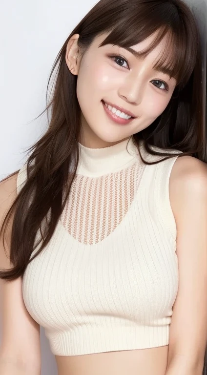 masutepiece, Best Quality, Photorealsitic, finely detail, hight resolution, 8K Wallpapers, Perfect dynamic composition, Beautiful detailed eyes, Medium Hair, large full breasts, Random and sexy poses,Bring your chest together、(Open Chest Mock Neck Crop Tank Top White Knitwear Clear Clave)、(Breast bulge 1.2)、A smile、open open mouth、Resort scenery、25-years old、(Drooping eyes 1.4)、Adult beauty、japanes