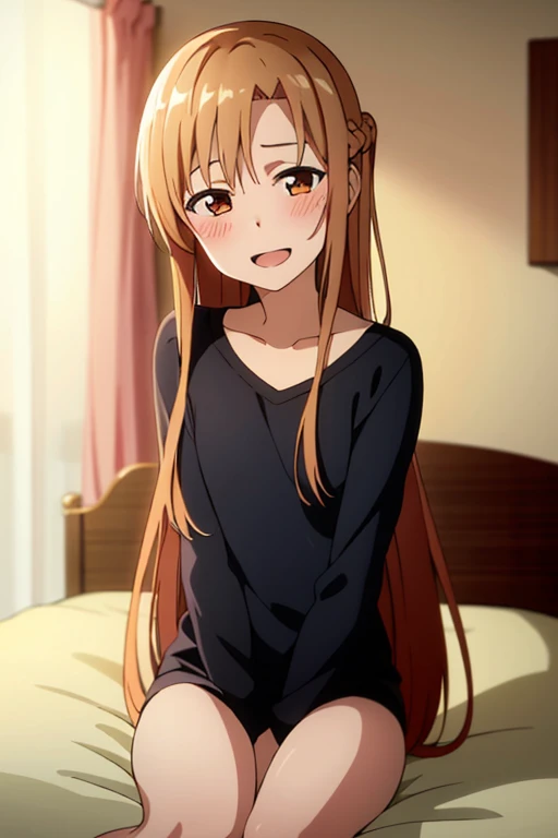 ((Best Quality)), ((masterpiece)), (be familiar with),  perfect face, indoor, bedroom,  watching viewers,
One woman, Yuuki Asuna,
Open Mouth, Ecstatic expression, blush, smile,
Small breasts,  flat chest, , , , Girl,
Long Hair,  long hair,
Leg spread,