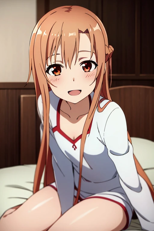 ((Best Quality)), ((masterpiece)), (be familiar with),  perfect face, indoor, bedroom,  watching viewers,
One woman, Yuuki Asuna,
Open Mouth, Ecstatic expression, blush, smile,
Small breasts,  flat chest, , , , Girl,
Long Hair,  long hair,
Leg spread,