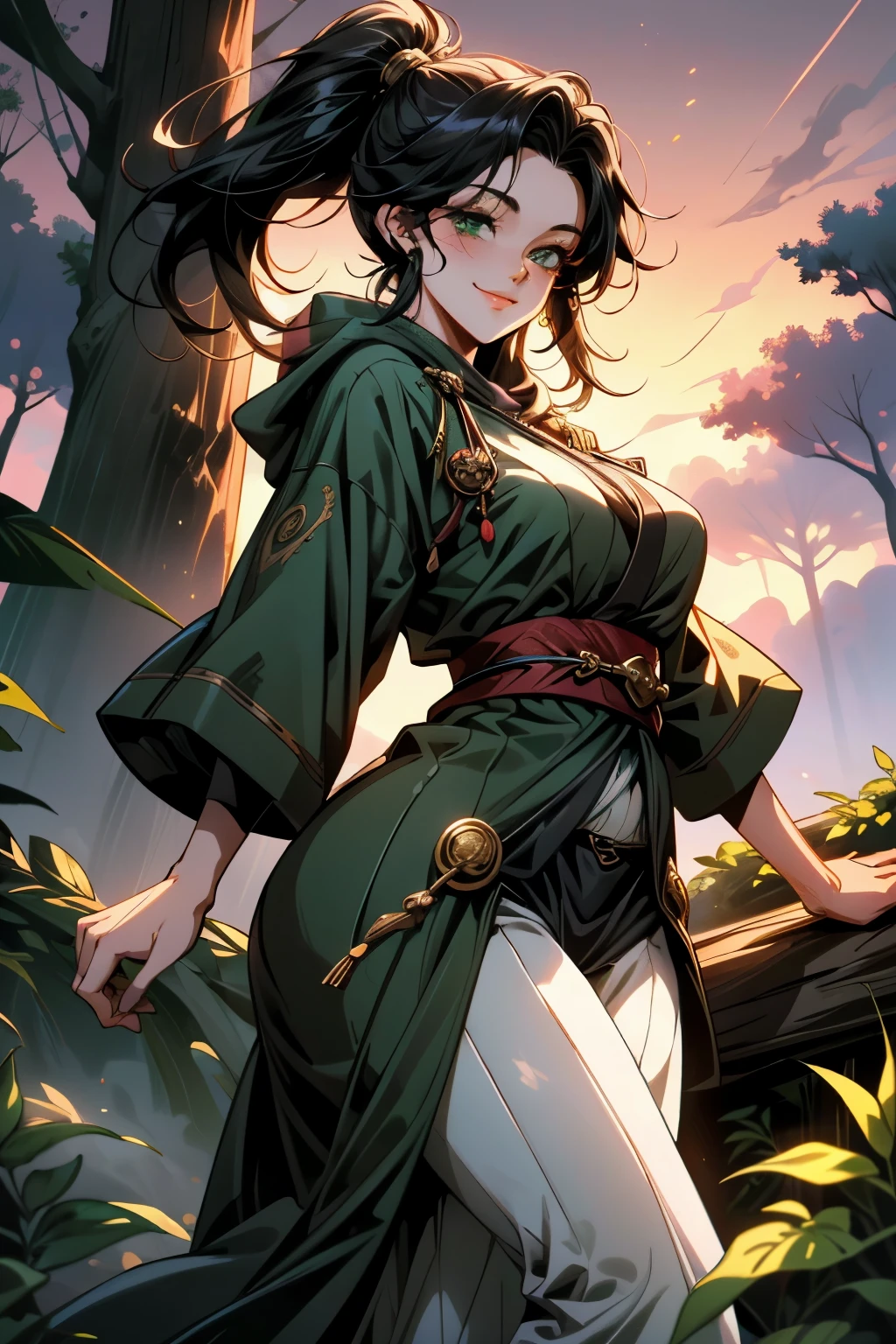 (( ultra-detailed hood is worn, masterpiece, absurd)) dynamic pose, woman , full-length, kind smile, black hair , high ponytail , green eyes, fantasy Japanese-style clothing, talismans, hood, gold jewelry, sunset forest, beautiful detailed forest